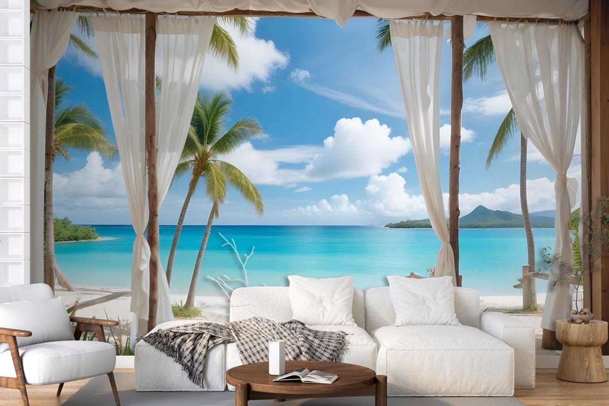 3D Look Blue Sea Landscape With Old Arches And Palm Trees Wallpaper Mural