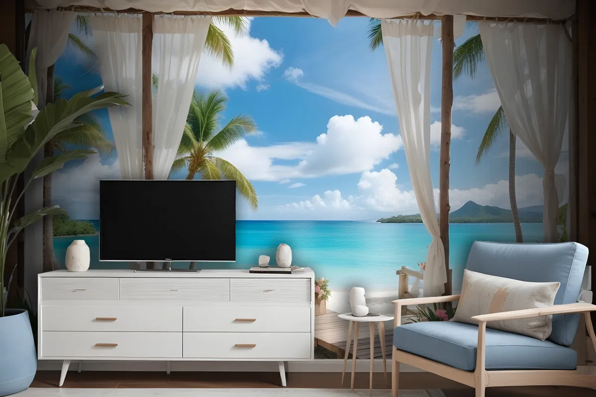 3D Look Blue Sea Landscape With Old Arches And Palm Trees Wallpaper Mural