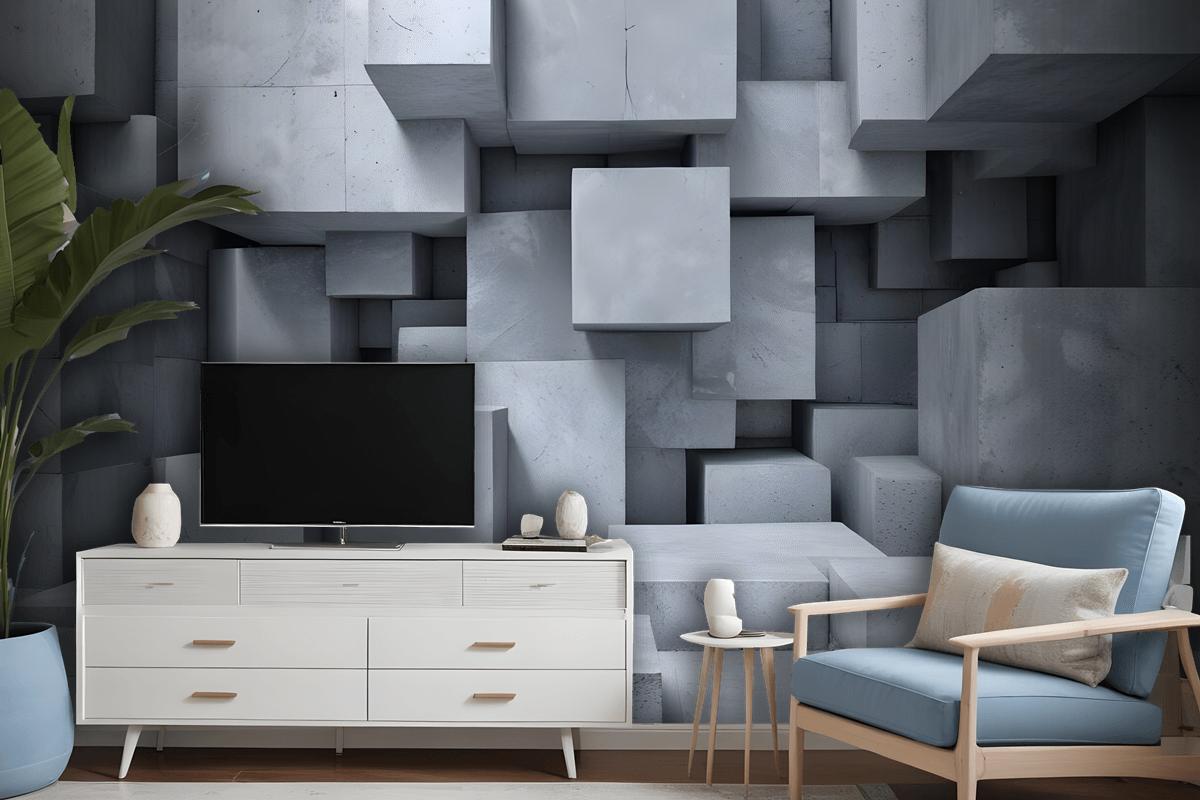 3D Look Concrete Style Gray Abstract Cubes Wallpaper Mural