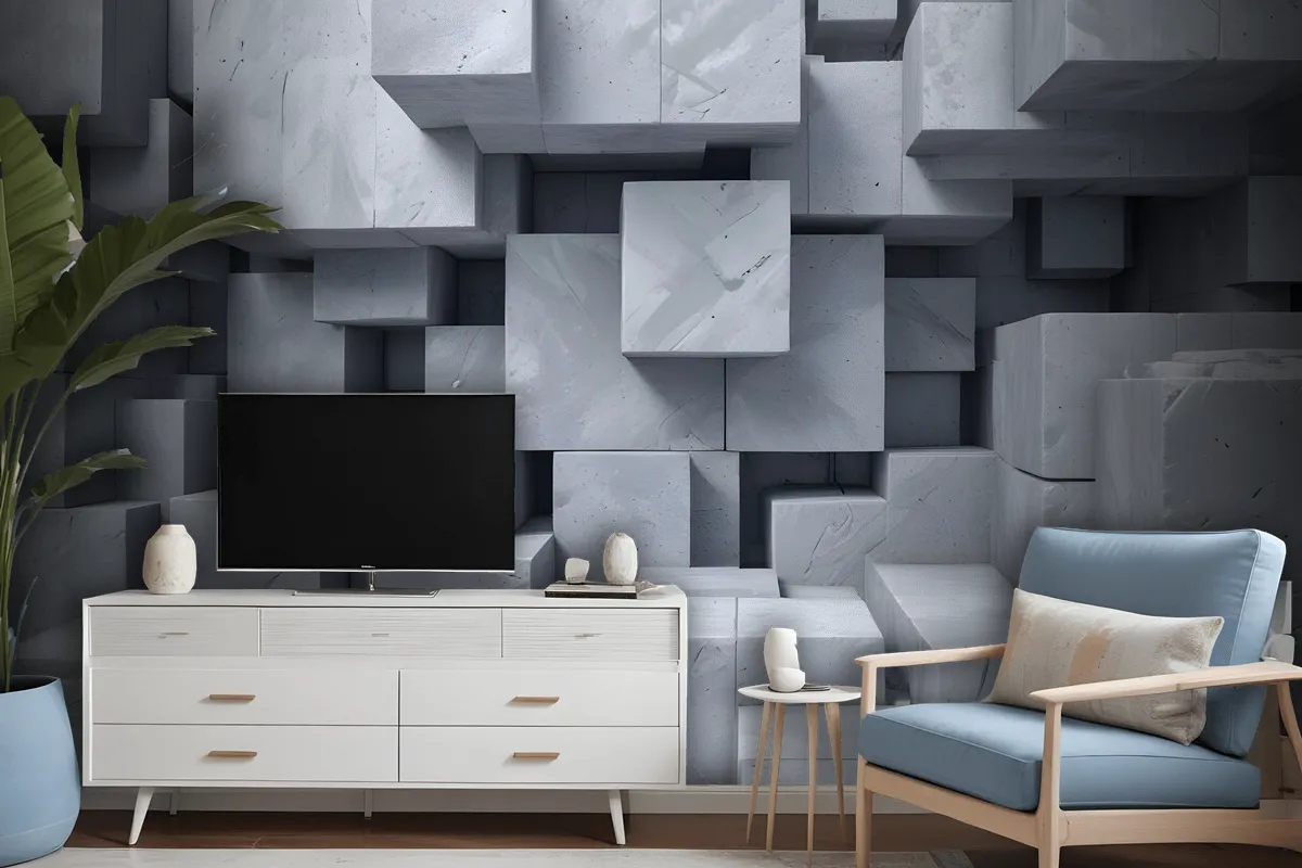 3D Look Concrete Style Gray Abstract Cubes Wallpaper Mural