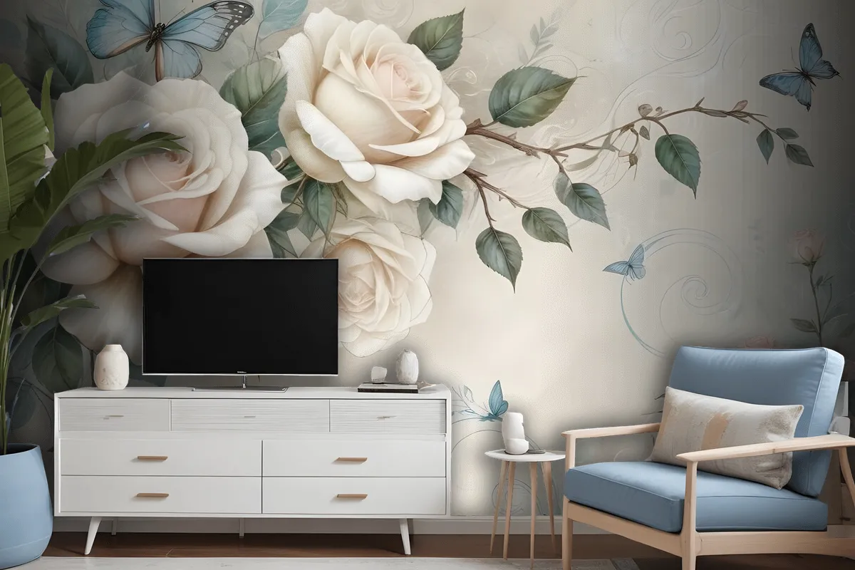 3D Look Cream Rose Floral Wallpaper Mural