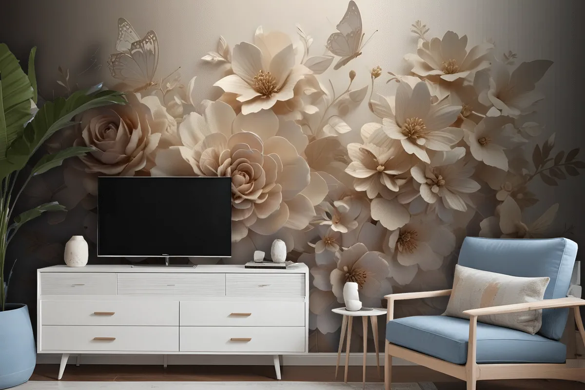 3D Look Faux Embossed Floral Wallpaper Mural