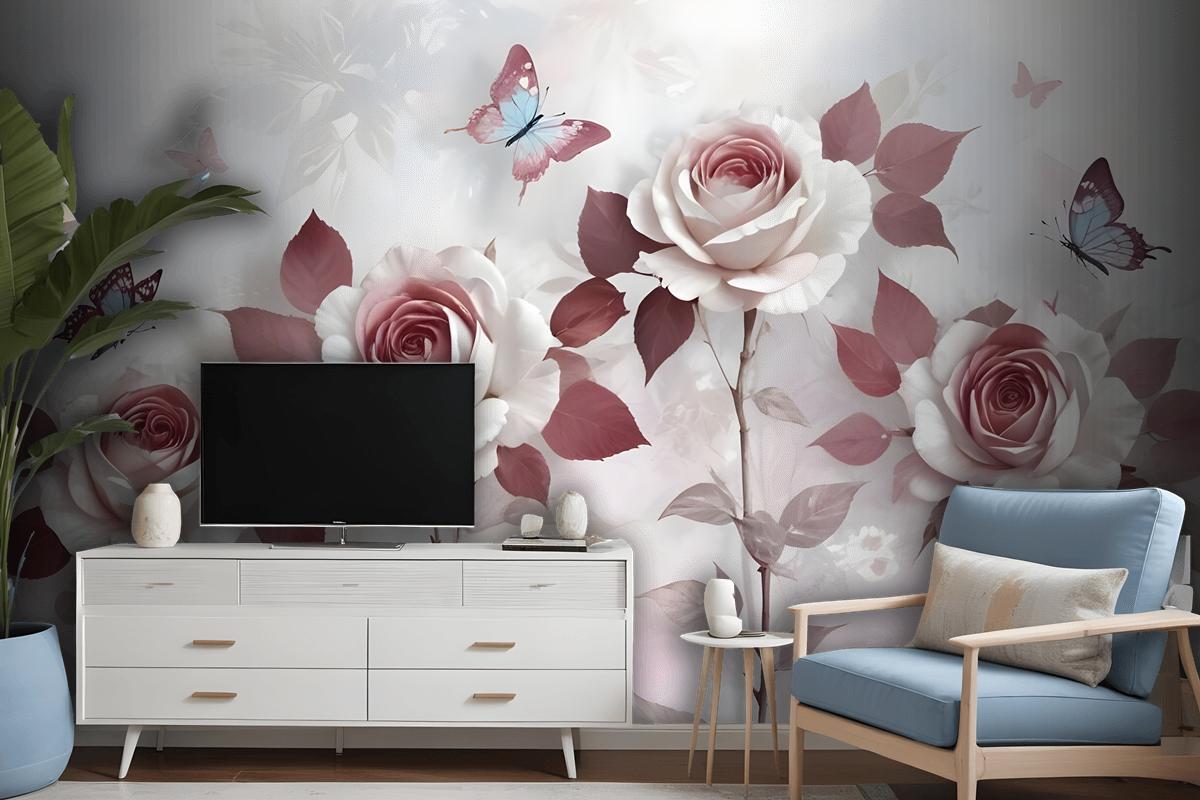 3D Look Floral With Little Butterfly Wallpaper Mural