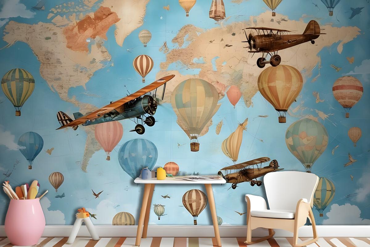 3D Look Kids World Map With Hot Air Balloon Wallpaper Mural