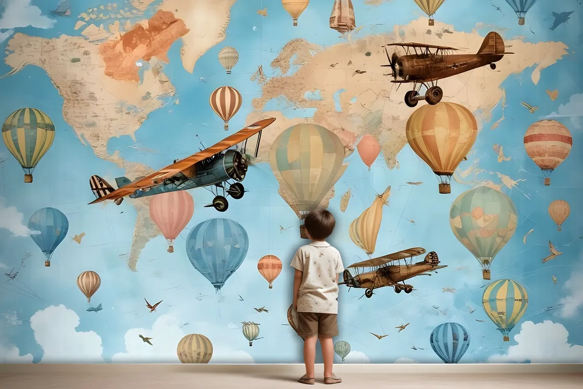 3D Look Kids World Map With Hot Air Balloon Wallpaper Mural