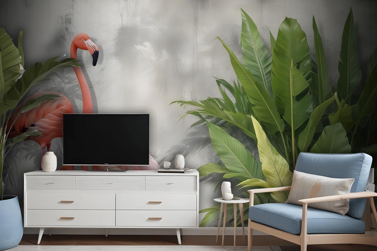 3D Look Pink Flamingo With Tropical Leaves Wallpaper Mural