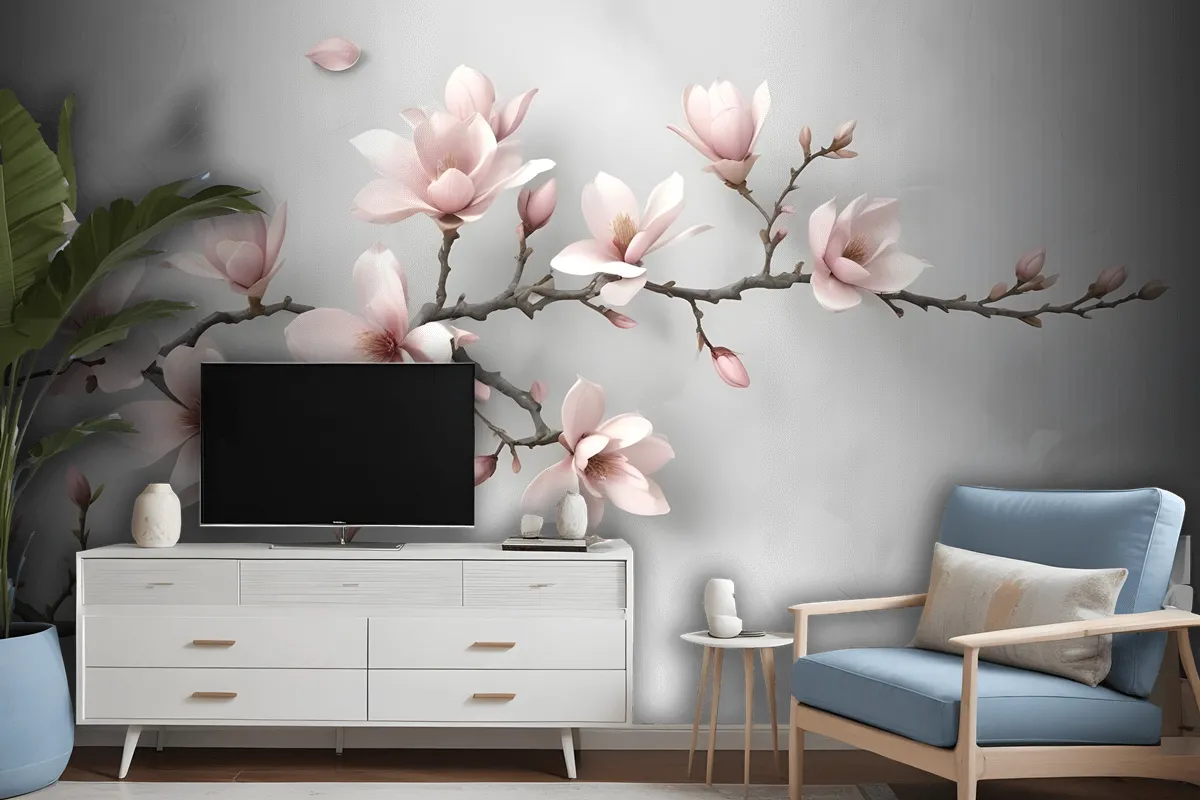 3D Look Pink Magnolia Blossom Wallpaper Mural