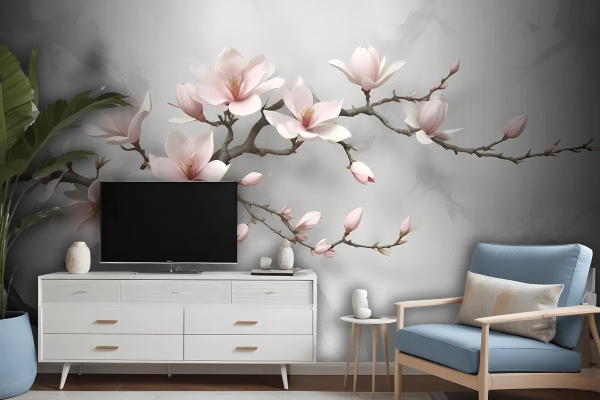 3D Look Pink Magnolia Blossom Wallpaper Mural