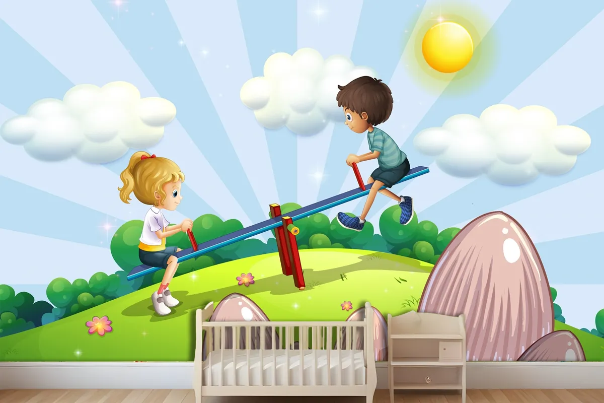 A Boy And A Girl Riding A Seesaw Wallpaper Mural