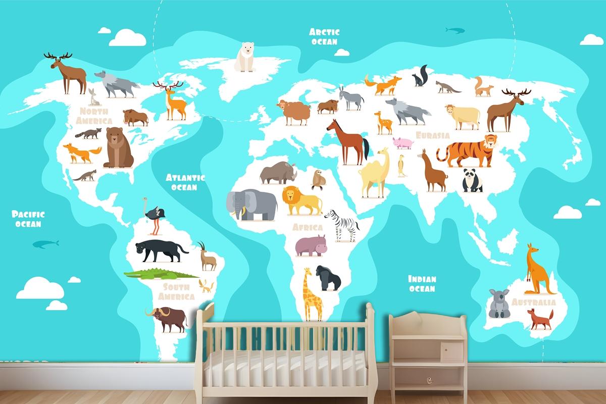 World Map With Animals Earth Discovery Funny Kids Geography Wallpaper Mural