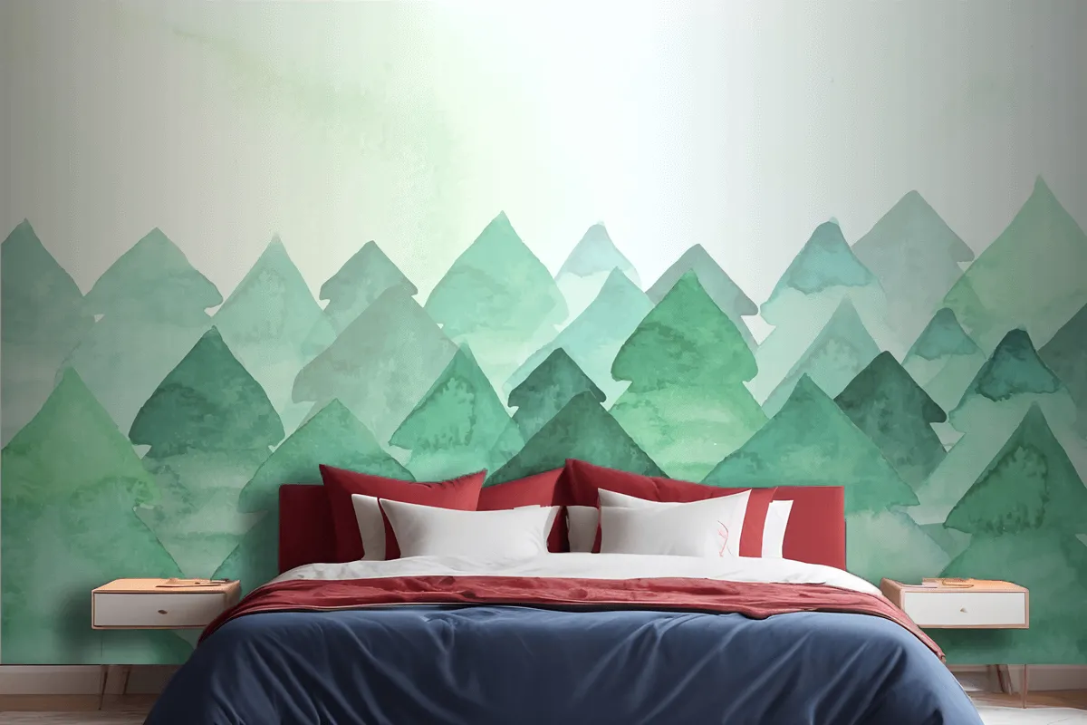 Watercolor Painting With Fir Trees Wallpaper Mural