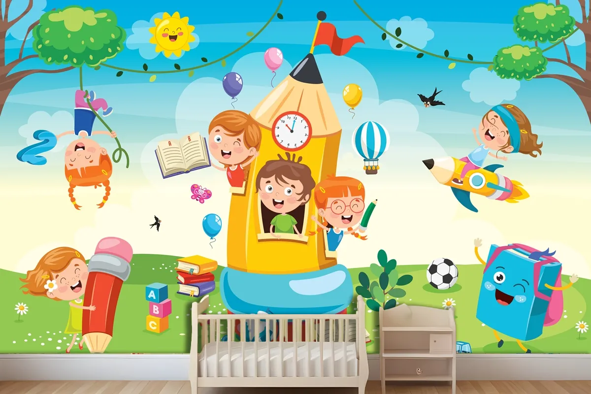 Cute Children Playing At Pencil House Wallpaper Mural