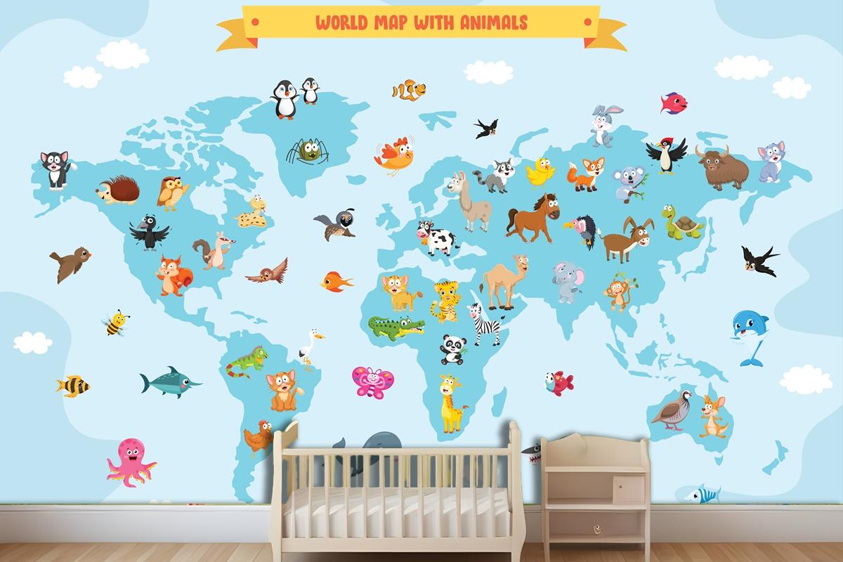 World Map With Cartoon Animals Wallpaper Mural