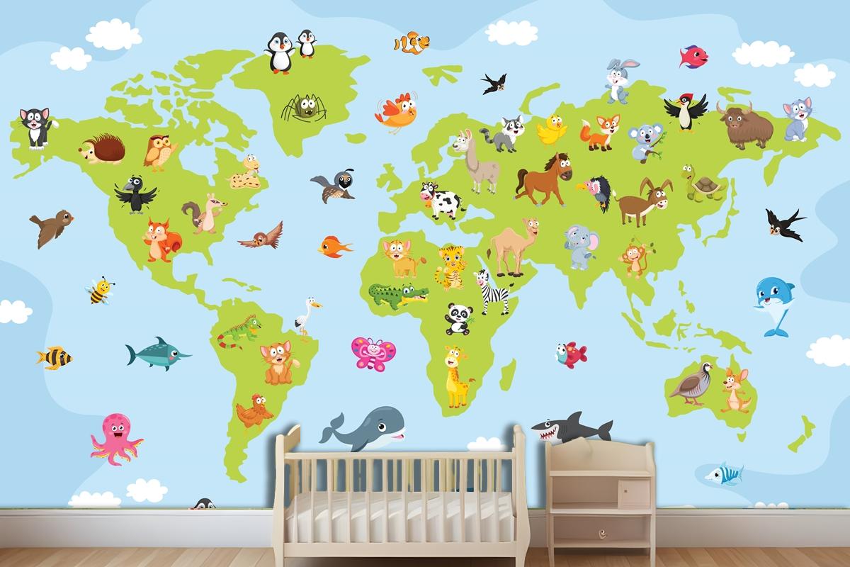 World Map With Cartoon Animals Wallpaper Mural