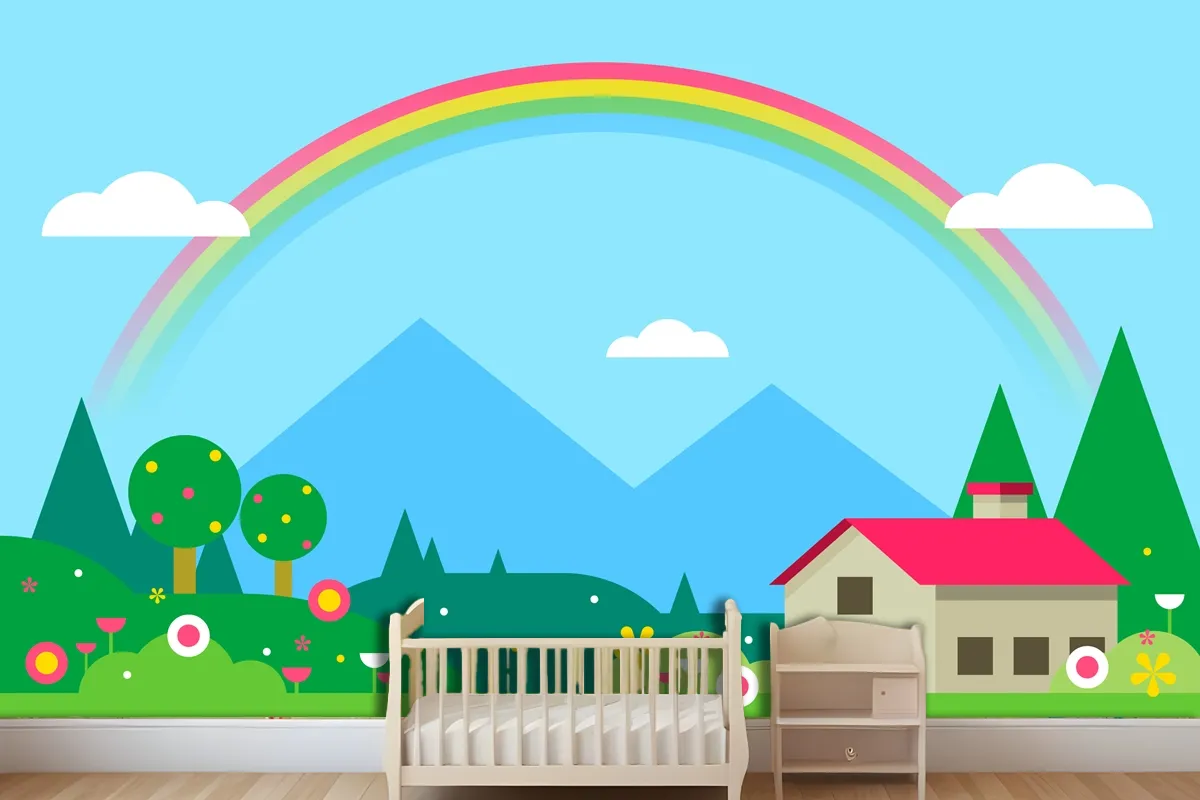 Spring Landscape With House And Rainbow Wallpaper Mural