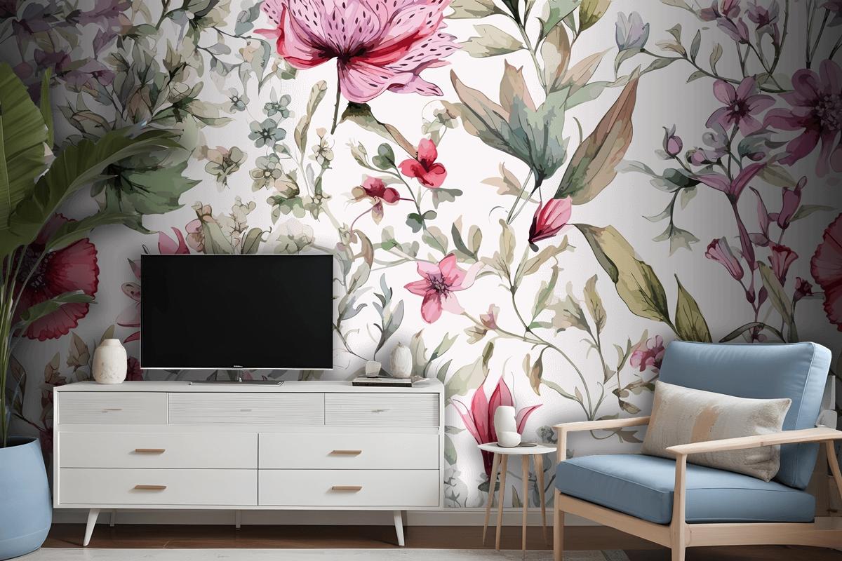 Colourful Floral Background With Leaves Wallpaper Mural