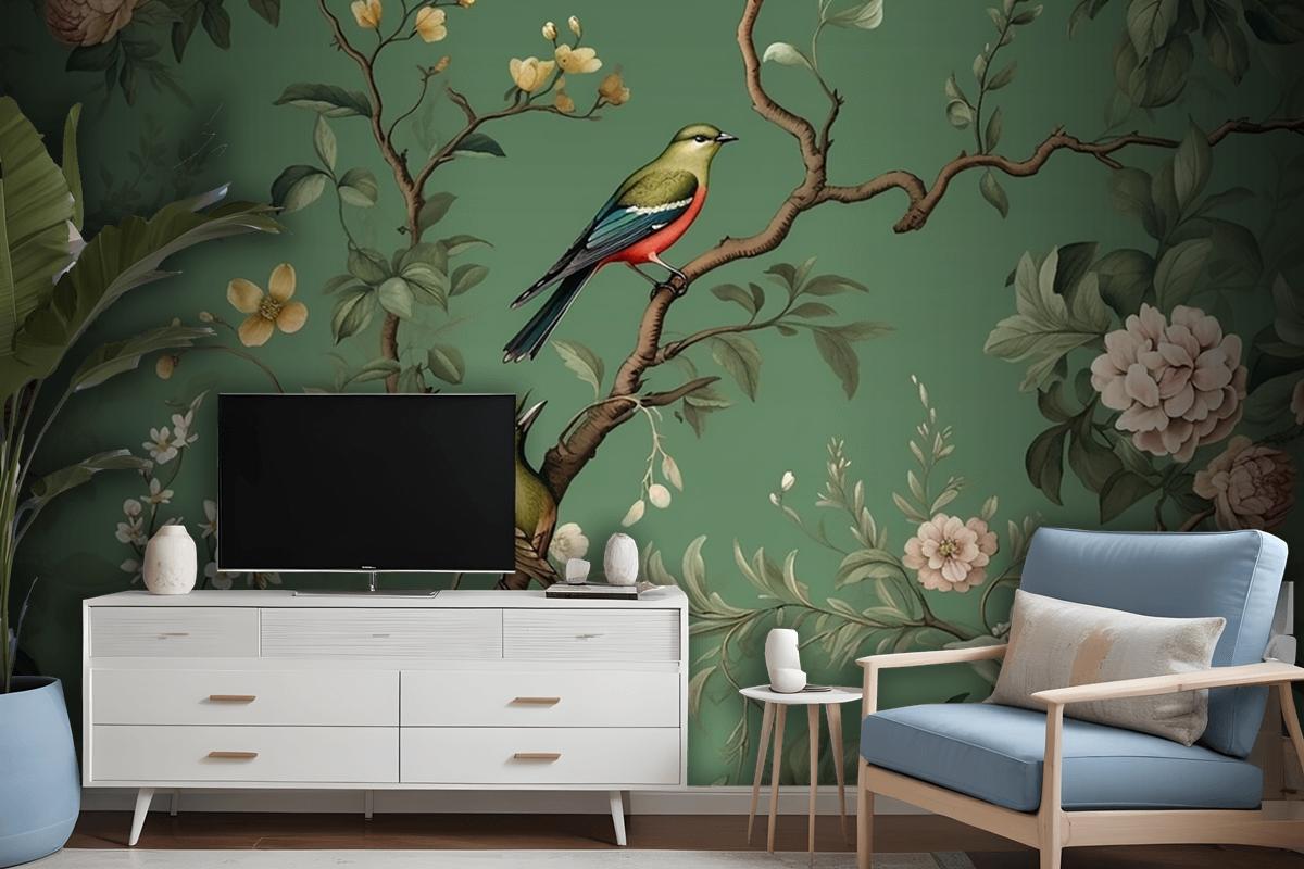 Flowers Branches Birds Golden Brushstrokes Wallpaper Mural