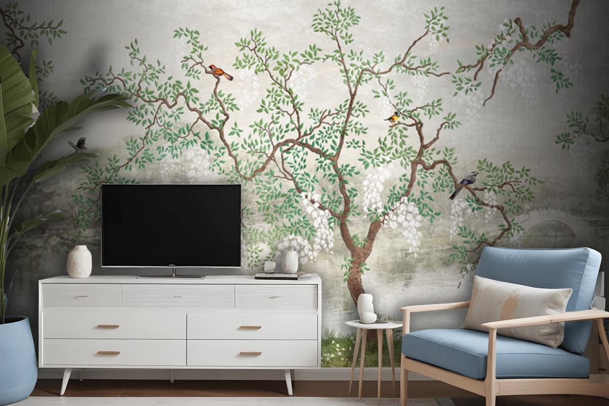 Tree By The Lake Misty Landscape Birds In Japanese Garden Wallpaper Mural