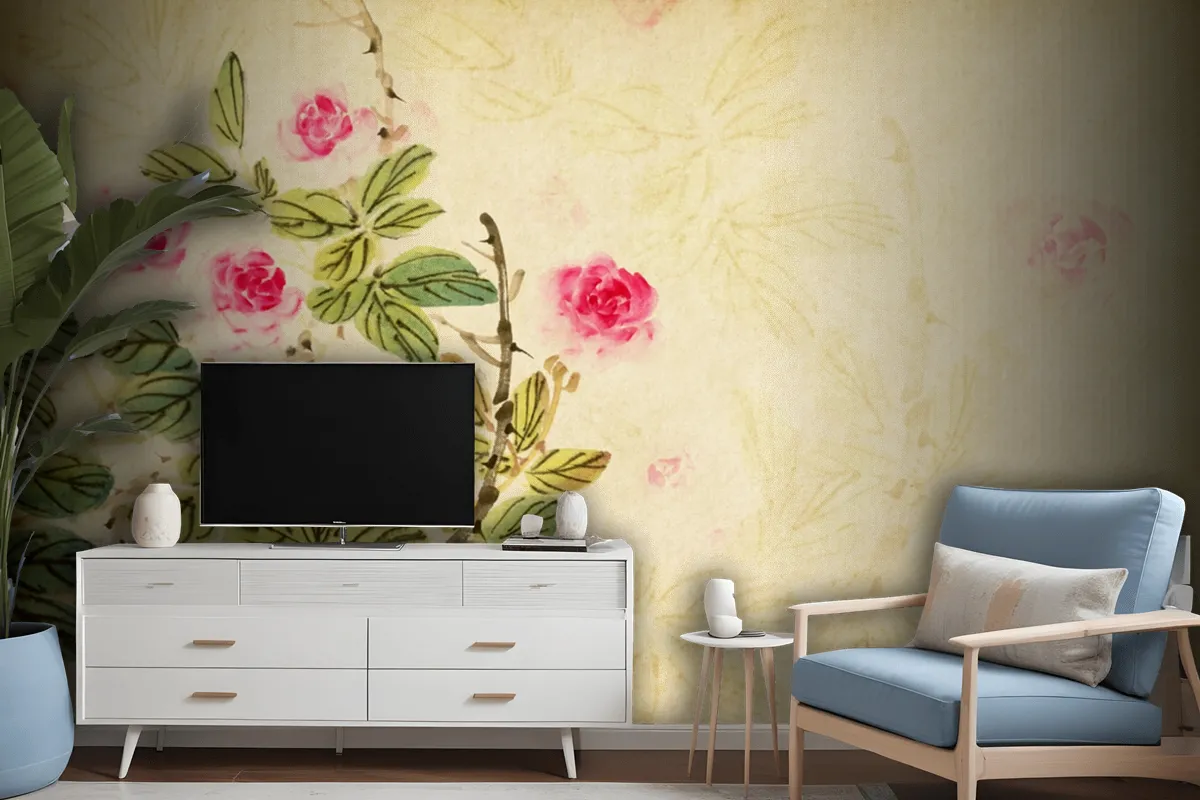 Chinese Traditional Painting Of Rose Flower On Old Paper Wallpaper Mural