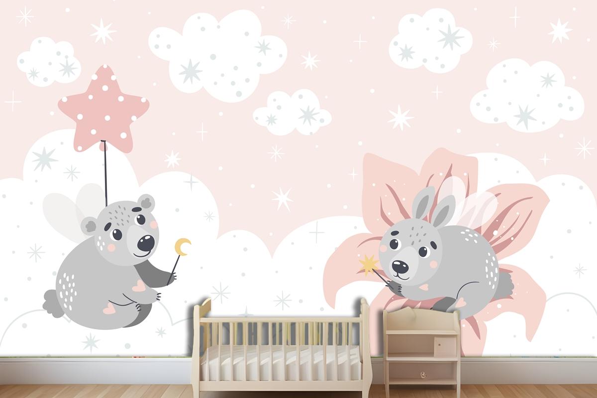 Cute Fairytale Animals On The Clouds Suitable For Printing Wallpaper Mural