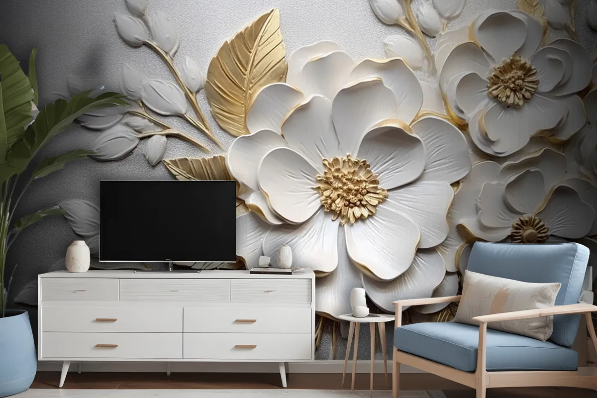 Abstract Artistic Flowers Branches Gold And Canvas Painting Wallpaper Mural