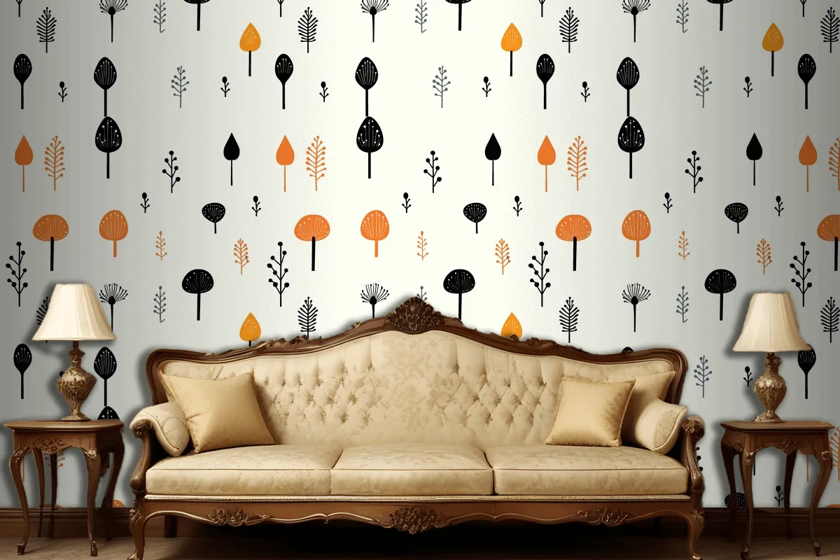 Black Mushroom And Leaf Pattern On A White Living Room Wallpaper Mural