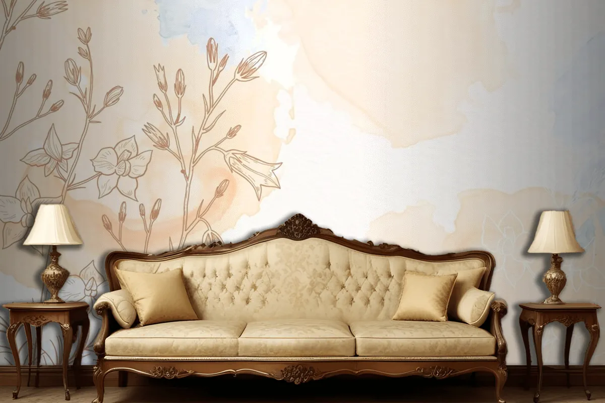 Cream Powder Pastel With Hand Drawn Flowers Living Room Wallpaper Mural