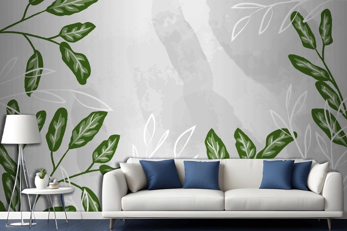 Detailed Leaves With Watercolor Living Room Wallpaper Mural