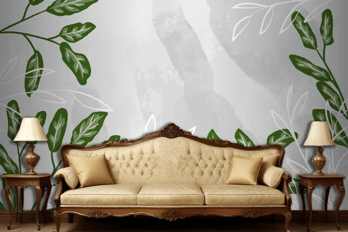 Detailed Leaves With Watercolor Living Room Wallpaper Mural