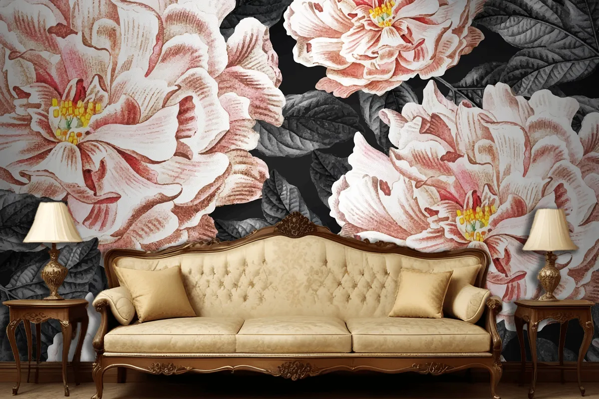 Floral Blooming Peony Living Room Wallpaper Mural