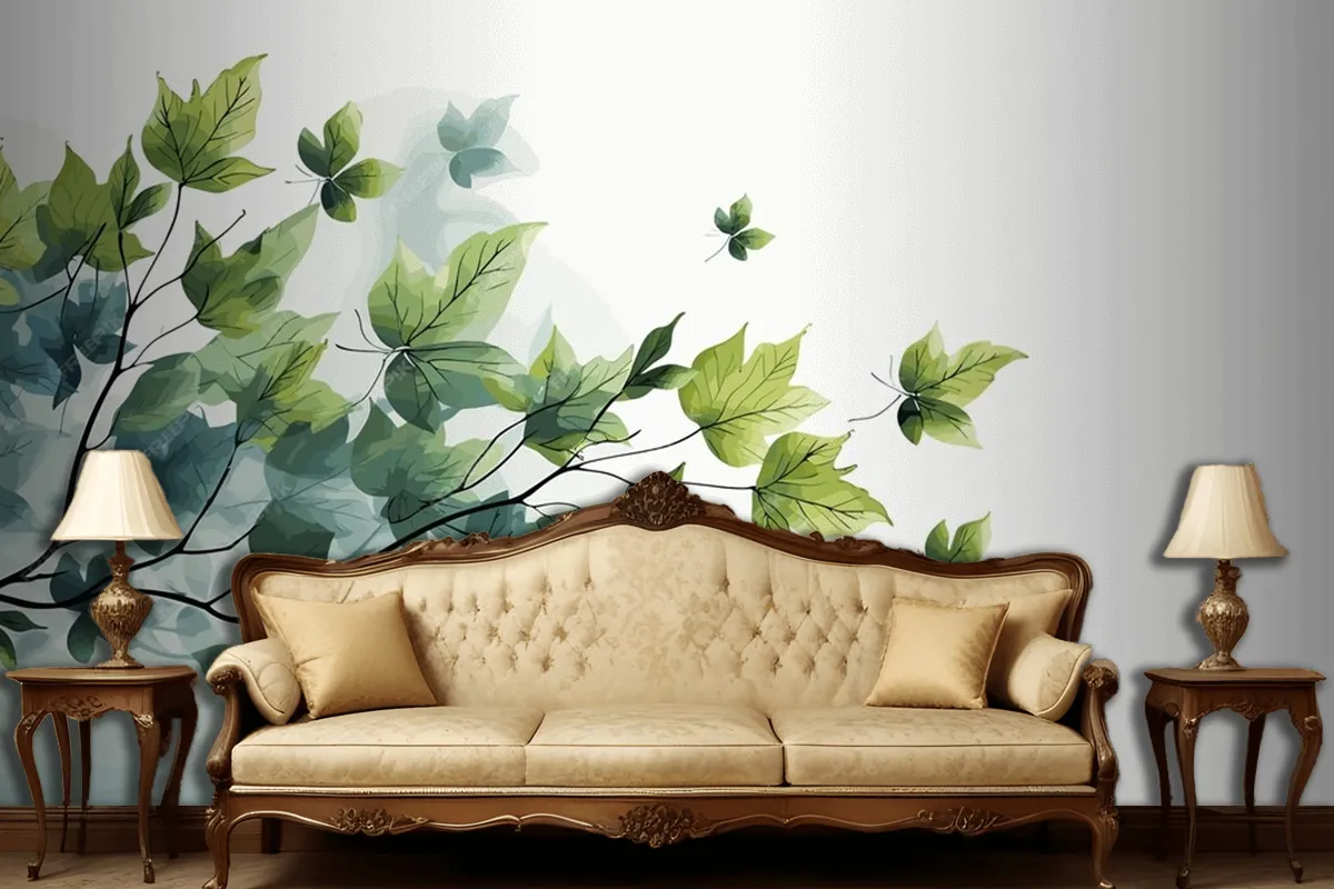 Fresh Baby Spinach Leaves On White Marble Living Room Wallpaper Mural