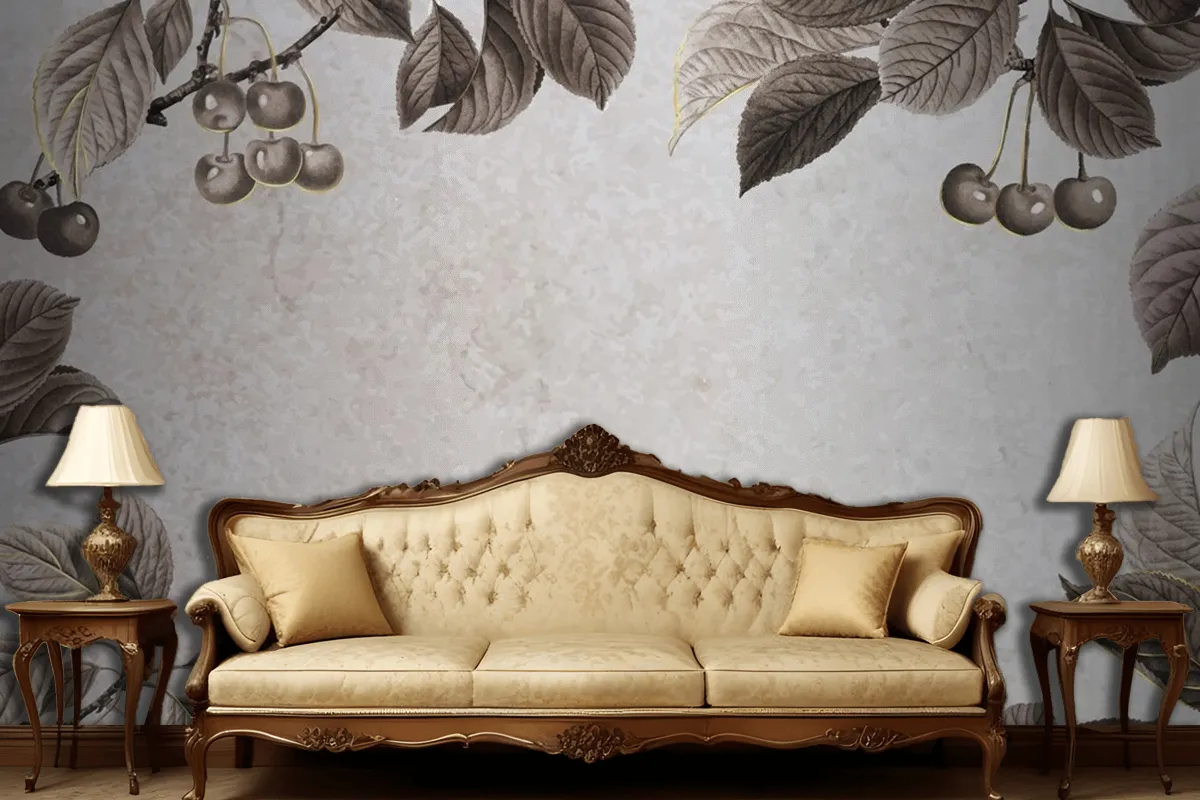 Hand Drawn Cherry Patterned Frame Living Room Wallpaper Mural