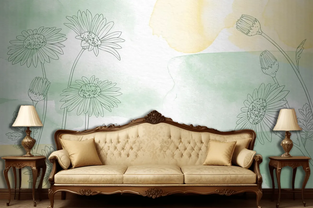 Hand Painted Background With Drawn Flowers Living Room Wallpaper Mural