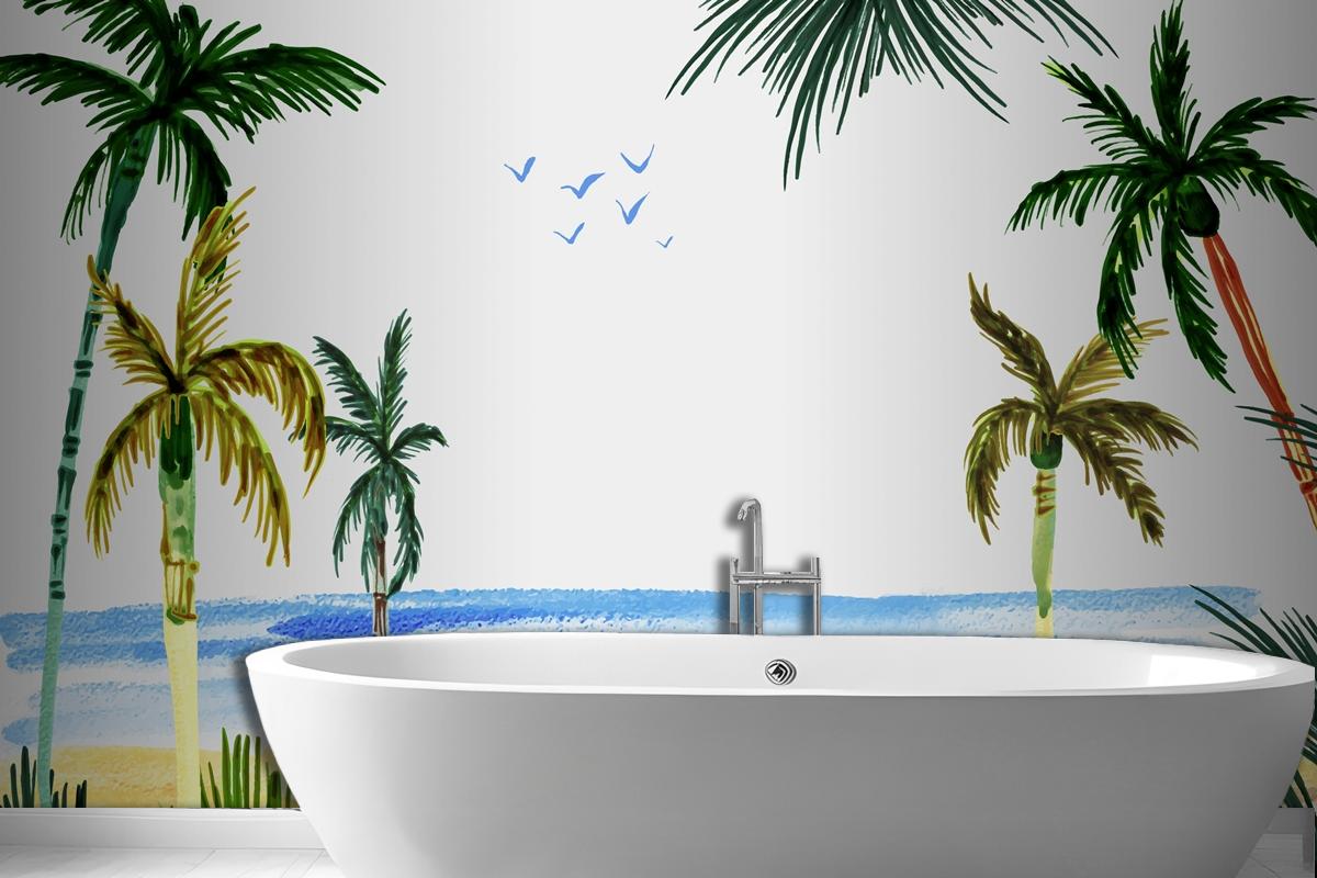 Hand Painted Watercolor Summer Bathroom Wallpaper Mural