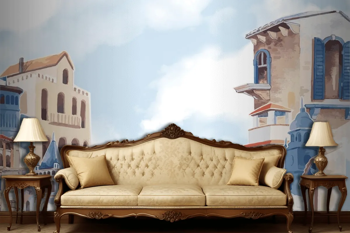 Mediterranean City Building Exterior Water Color Style Wallpaper Mural