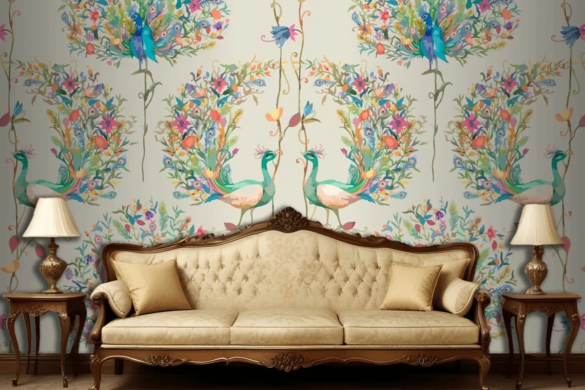 Pattern Background With Watercolor Peacock And Flower Living Room Wallpaper Mural