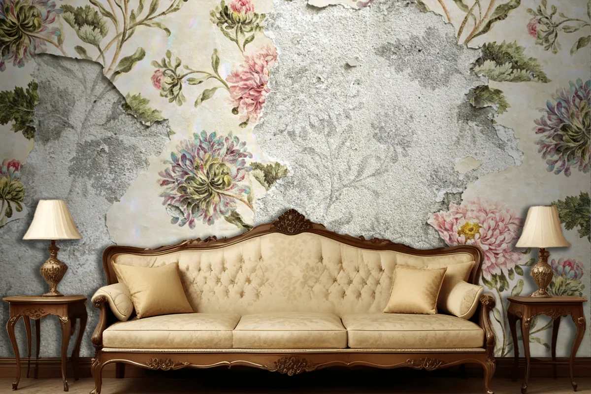 Peeling Floral Wallpaper On Concrete Wallpaper Mural