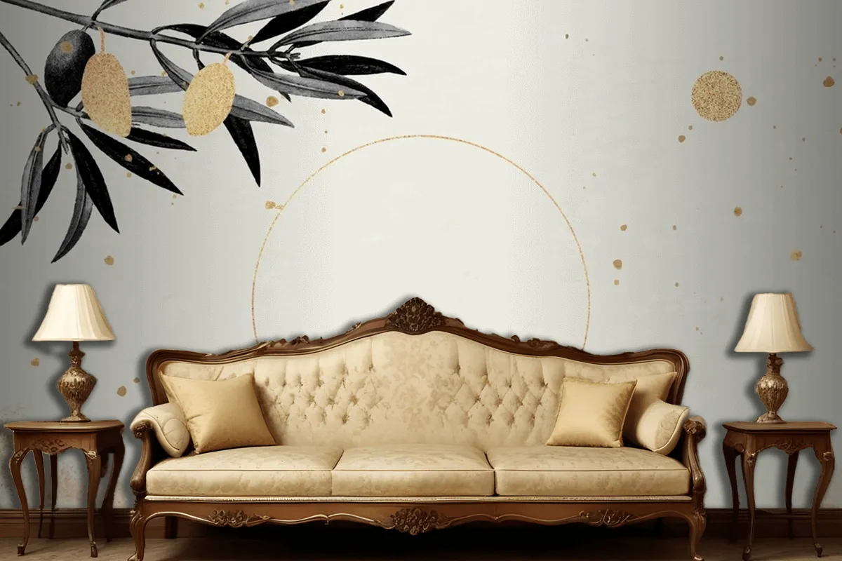 Round Gold Frame With Olive Branches Living Room Wallpaper Mural