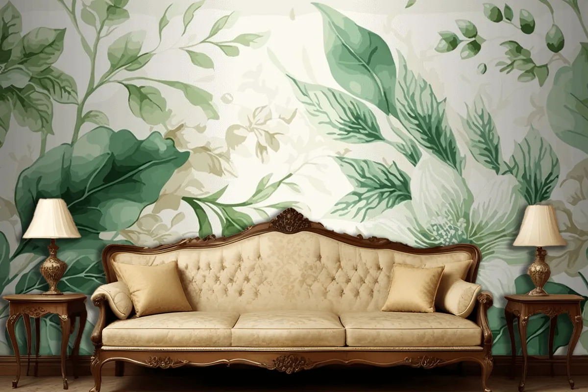 Seamless Watercolor Green And Beige Floral Pattern Living Room Wallpaper Mural