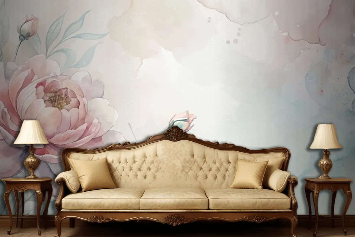 Soft Pastel Floral Watercolor Living Room Wallpaper Mural