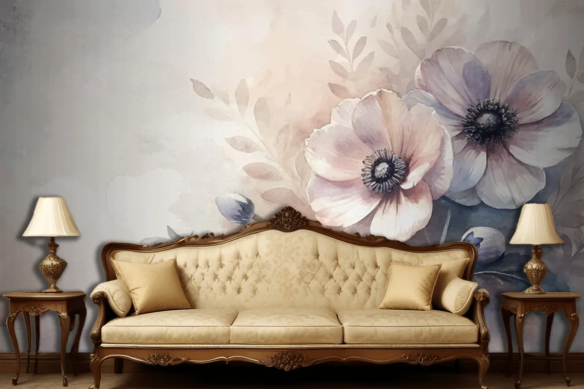 Vintage Anemones Flower Watercolor Background Living Room Wallpaper Mural