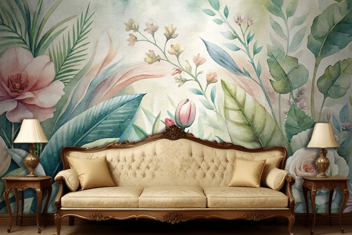 Watercolor Backgrounds Of Various Botanicals And Flowers Living Room Wallpaper Mural