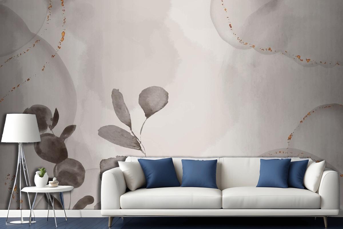 Watercolor Hand Drawn Background With Leaves Living Room Wallpaper Mural