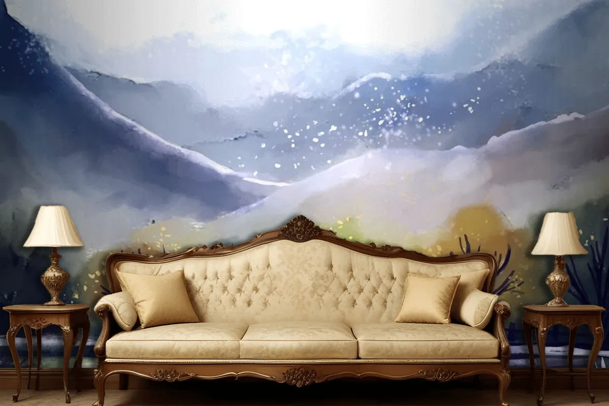 Watercolor Mountain Landscape Living Room Wallpaper Mural