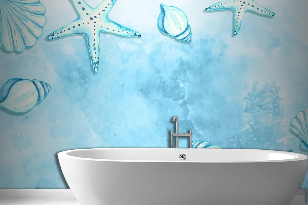 Watercolor Summer Background With Starfish And Shells Wallpaper Mural