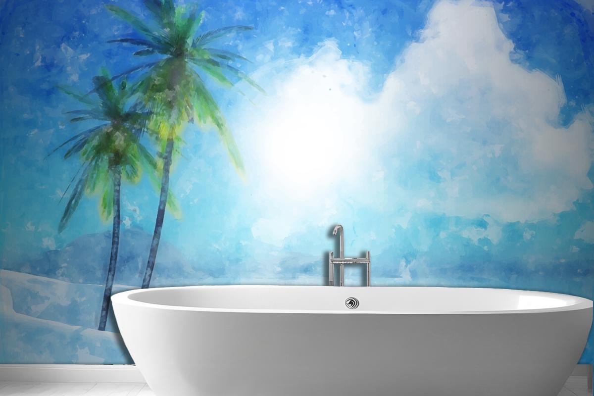 Watercolor Summer Tropical Bathroom Wallpaper Mural