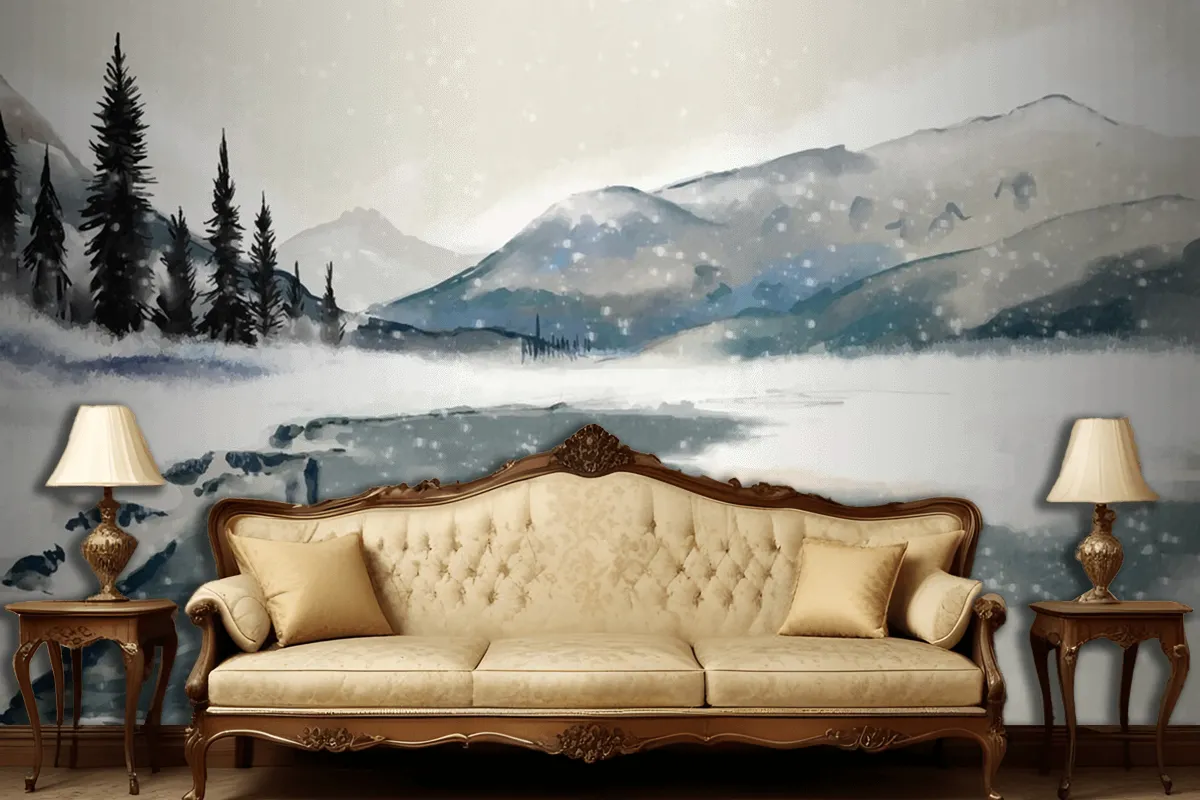 Watercolor Winter Landscape Living Room Wallpaper Mural