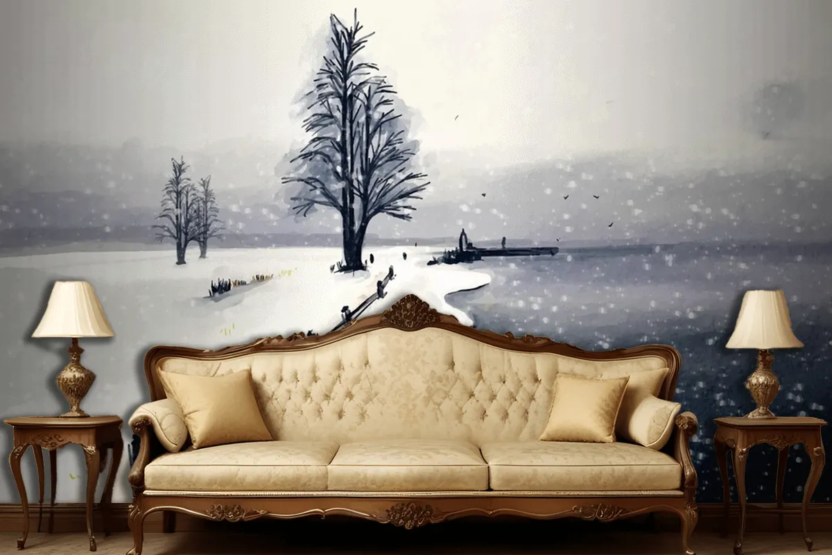 Watercolor Winter Landscape Wallpaper Mural