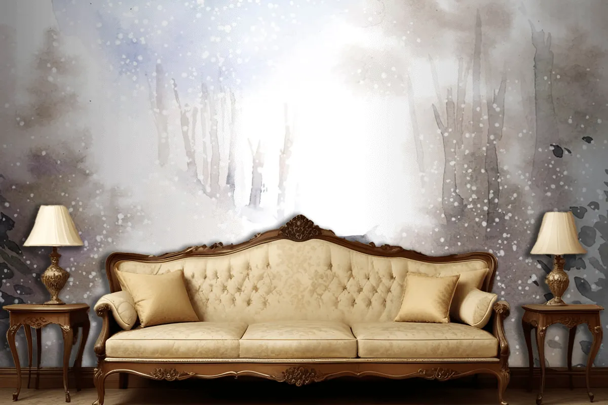 Winter Wonderland Landscape Painted By Watercolor Living Room Wallpaper Mural