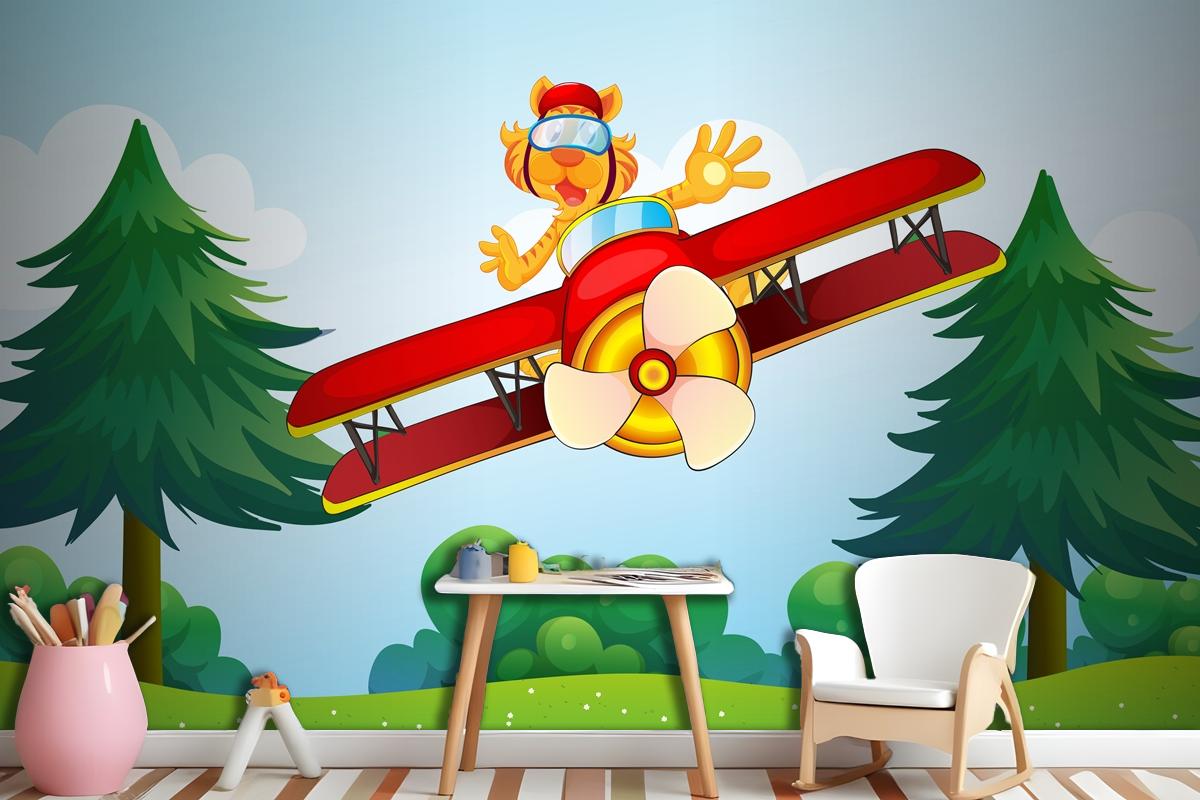 A Boastful Tiger Riding In A Plane Wallpaper Mural